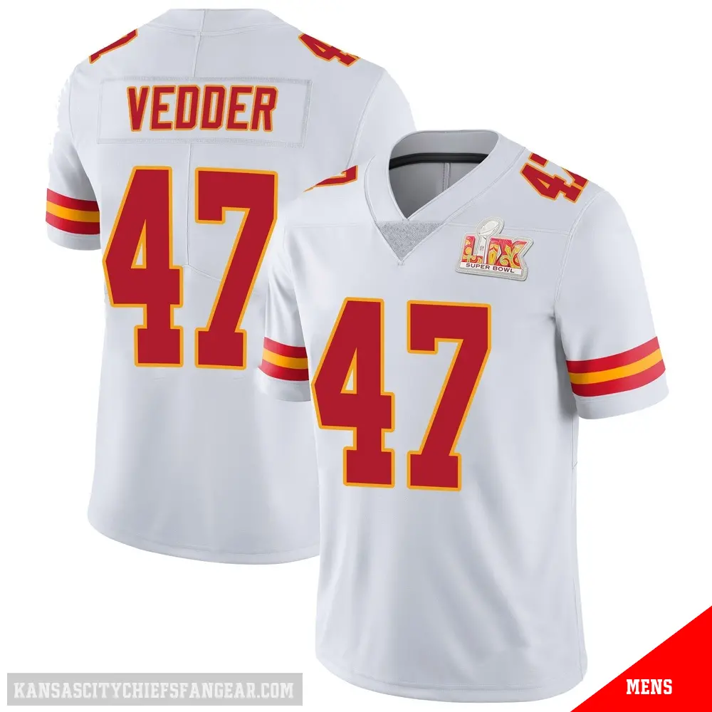 ＃47 Men's Zelmar Vedder White Limited Kansas City Chiefs Vapor Untouchable Super Bowl LIX Jersey